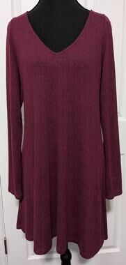 Express Burgundy Heather Knit Swing Dress Medium V-Neck Long Sleeve A-Line
